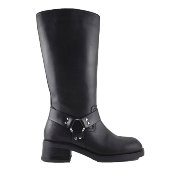 Yokono Women's Tall Black Leather Riding Biker Boots Strap Buckle Block Heel 39 - Picture 1 of 16